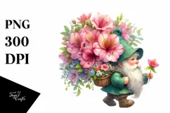 Detailed Watercolor Gnome with Azalea Bouquet | Sublimation Product Image 3