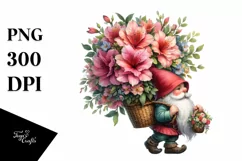Detailed Watercolor Gnome with Azalea Bouquet | Sublimation Product Image 1