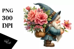 Detailed Watercolor Gnome with Azalea Bouquet | Sublimation Product Image 3