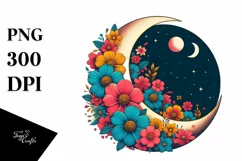 Retro Colorful Half Moon with Flowers PNG Product Image 3