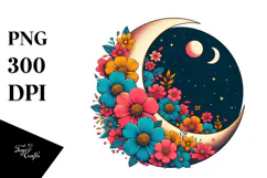 Retro Colorful Half Moon with Flowers PNG Product Image 1