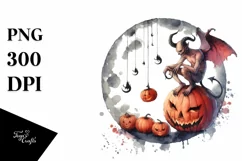Demon on Moon with Pumpkins, Vintage PNG Product Image 3