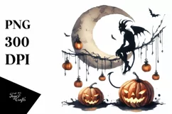 Demon on Moon with Pumpkins, Vintage PNG Product Image 1