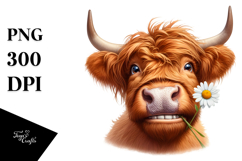 Watercolor Highland Cow Portrait Daisy | Sublimation Clipart Product Image 1
