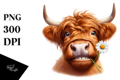 Watercolor Highland Cow Portrait Daisy | Sublimation Clipart Product Image 1