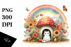 Colorful Autumn Cat House with Mushroom | Sublimation | Product Image 1