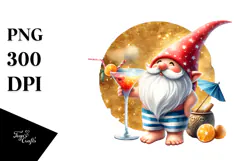 Gnome in Beachwear Drinking Cocktail, Watercolor PNG Product Image 1