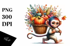 Baby Monkey, Basket Vegetables | Autumn Watercolor Clipart Product Image 1