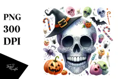 Funny Watercolor Halloween Skull | Clipart Product Image 1