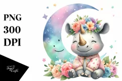 Smiling Baby Rhino with Whimsical Moon Flowers | Sublimation Product Image 3