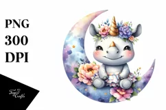 Cute Baby Rhino Dressed, Moon Flowers Clipart Product Image 1