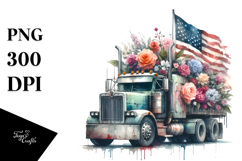 Vintage Dirty Semi Truck with Flowers in USA Flag Colors Product Image 1