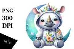 Smiling Baby Rhino with Whimsical Moon Flowers | Sublimation Product Image 3