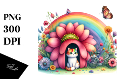 Illustration of Cat House with Large Flower and Colorful Product Image 1