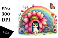 Illustration of Cat House with Large Flower and Colorful Product Image 1