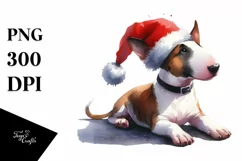 Bull Terrier with Santa Hat Watercolor Christmas PNG Product Image 1