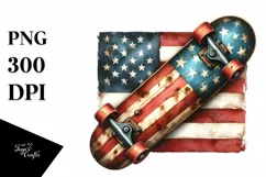 Vintage Rusted Skateboard USA Flag Watercolor Clipart Product Image 1