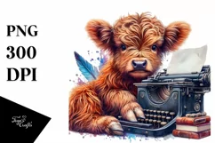 Colorful Baby Highland Cow Typewriter PNG Product Image 1