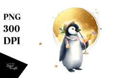 Penguin in Beachwear Drinking Cocktail, Watercolor PNG Product Image 1