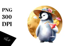 Watercolor Penguin on Beach with Cocktail, PNG Product Image 1