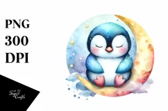 Colorful Cute Baby Penguin Sleeping on Moon | Clipart Product Image 1