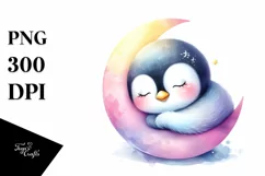 Colorful Cute Baby Penguin Sleeping on Moon | Clipart Product Image 1