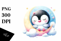Colorful Cute Baby Penguin Sleeping on Moon | Clipart Product Image 1