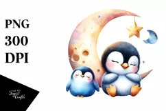 Colorful Baby Penguin Sleeping on Moon | Clipart Product Image 1