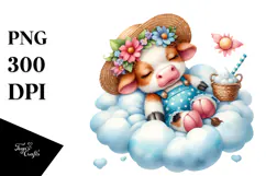 Vibrant Baby Cow Sleeping on the Cloud PNG Product Image 1