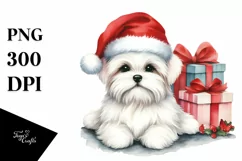 Cute Maltese with Santa Hat Watercolor PNG Product Image 1