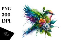 Abstract Vibrant Watercolor Bird with Flowers, High-Res PNG Product Image 1
