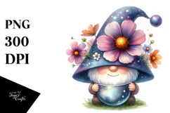 Watercolor Cute Gnome with Cosmos PNG Product Image 1