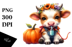 Vibrant Baby Cow with Pumpkin | Sublimation | Clipart Product Image 1