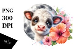 Cute Baby Highland Cow with Hibiscus PNG Product Image 1