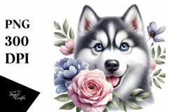 Watercolor Siberian Husky Flower Clipart Product Image 1