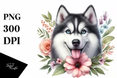 Watercolor Siberian Husky Flower Clipart Product Image 1