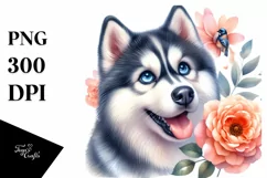 Watercolor Siberian Husky Flower Clipart Product Image 1