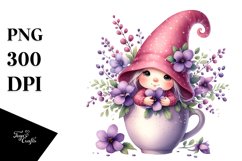 Cute Baby Gnome with Violet Floral Frame, Transparent PNG Product Image 1