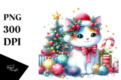 Cute Watercolor Cat with Christmas Decorations Product Image 1