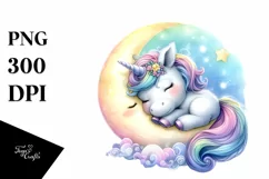 Colorful Pastel Baby Unicorn on Moon | Sublimation | Clipart Product Image 1