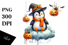 Penguin Dressed for Halloween on Cloud, Watercolor Design Product Image 1