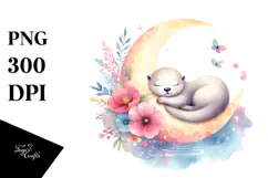 Whimsical Baby Otter Sleeping on the Moon PNG Product Image 1