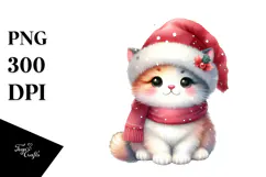 Cute Watercolor Cat Wearing Santa Hat Product Image 1