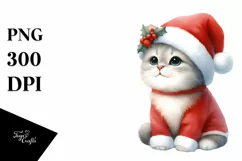 Cute Watercolor Cat Wearing Santa Hat Product Image 1