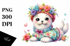Smiling Cute Baby Seal Dressed in Whimsical Flowers PNG Product Image 1