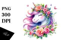 Lovely Unicorn with Floral Wreath, Beautiful PNG Product Image 1