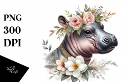 Detailed Watercolor Boho Baby Hippo | Sublimation | Clipart Product Image 1