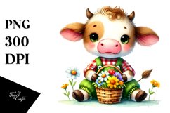 Baby Cow with Basket of Spring Flowers, Vibrant PNG Product Image 1