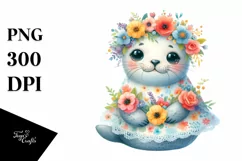 Cute Baby Seal Dressed, Flowers Clipart Product Image 1