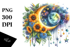 Vibrant Moon with Stars and Sunflowers PNG Product Image 1